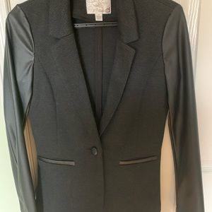 Black, dark tweed, faux leather sleeved blazer